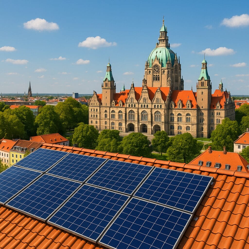 PV-Module auf Dächern von Häusern in Hannover mit dem neuen Rathaus im Hintergrund