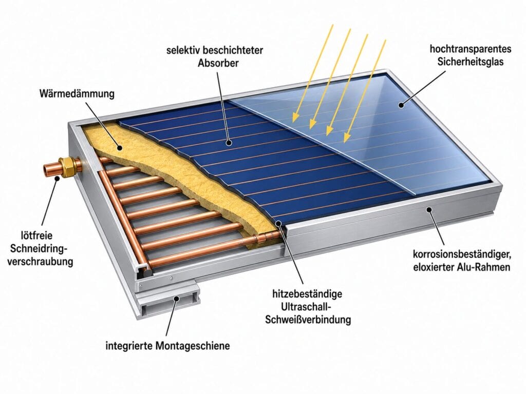 Solarthermie-Flachkollektor im Schnitt: Sicherheitsglas, Absorber, Rohrleitungen, Wärmedämmung und Alu-Rahmen zeigen den Aufbau zur Wärmeerzeugung in Hannover.
