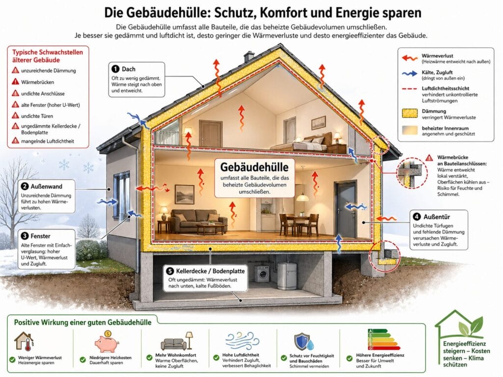 Grafische Darstellung der Gebäudehülle eines Wohnhauses in Hannover mit Dach, Außenwand, Fenstern, Außentür und Kellerdecke zur Erklärung von Wärmeverlusten, Dämmung und Energieeinsparung.
