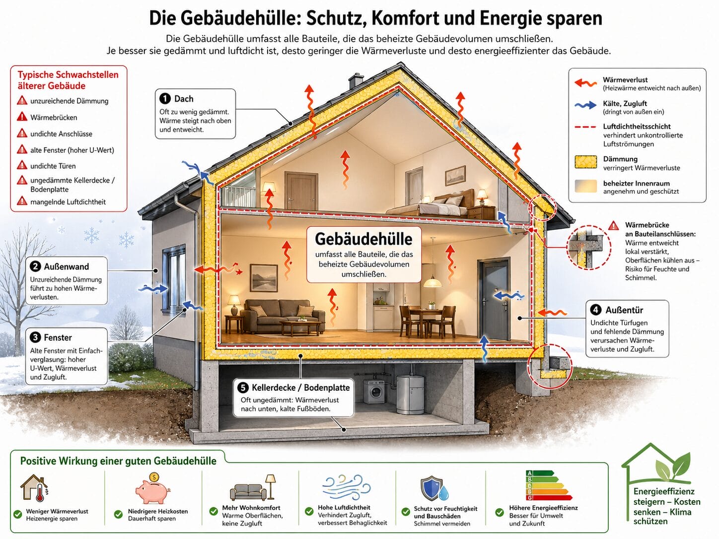 Grafische Darstellung der Gebäudehülle eines Wohnhauses in Hannover mit Dach, Außenwand, Fenstern, Außentür und Kellerdecke zur Erklärung von Wärmeverlusten, Dämmung und Energieeinsparung.