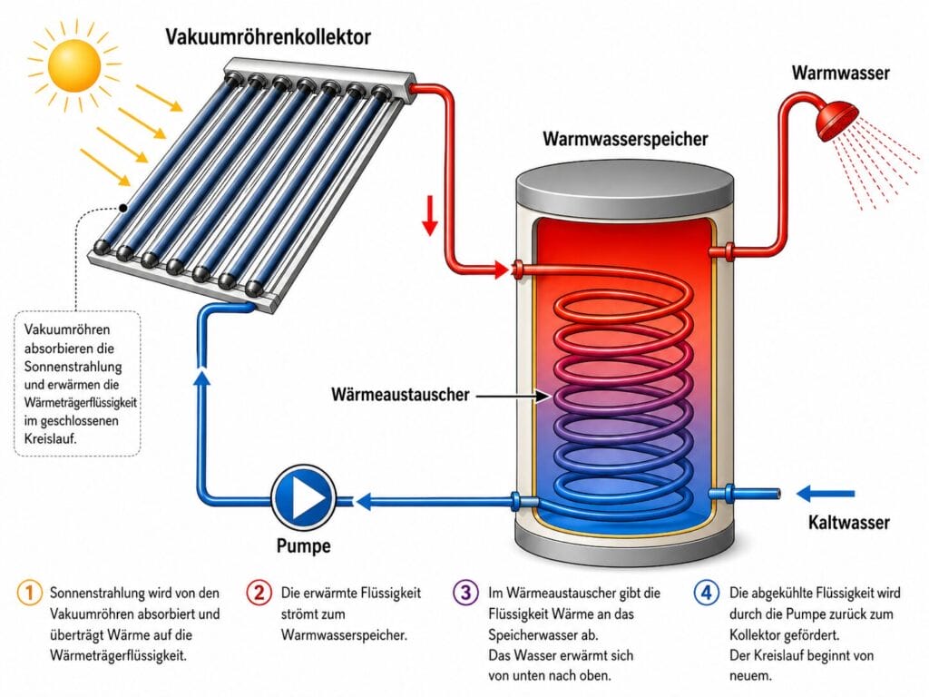 Die Grafik verdeutlicht, dass der Vakuumröhrenkollektor Sonnenwärme aufnimmt, die Wärmeträgerflüssigkeit über die Pumpe zirkuliert, die Wärme im Wärmeaustauscher an das Wasser im Speicher abgegeben wird und daraus oben Warmwasser entnommen werden kann.