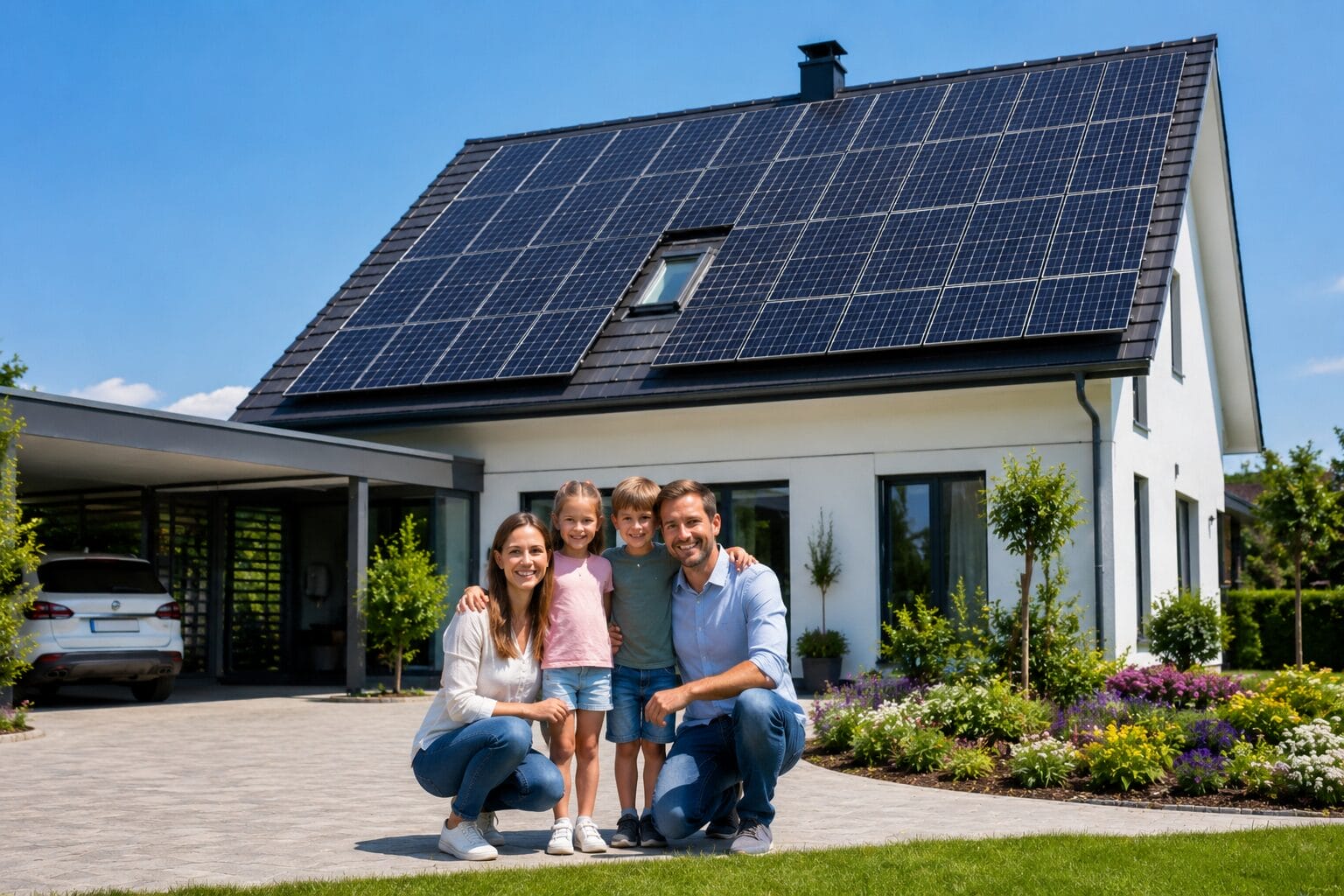Familie vor modernem Einfamilienhaus mit Photovoltaik-Anlage auf dem Dach